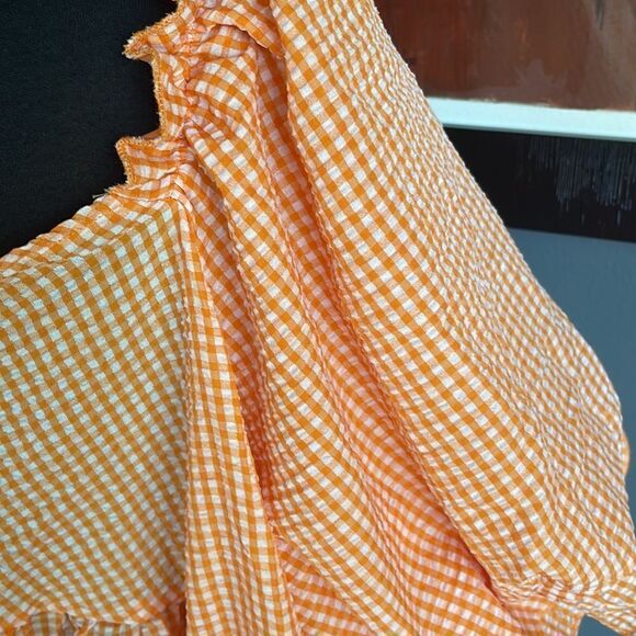 Simplee Plus orang/white seersucker gingham asymmetrical neck tiered ruffle midi - Picture 11 of 12